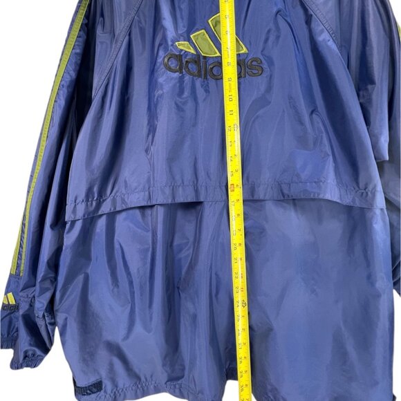 Adidas XL Blue Hooded Windbreaker Jacket Lime Green Stripes Vented Pockets Logo - Picture 14 of 15